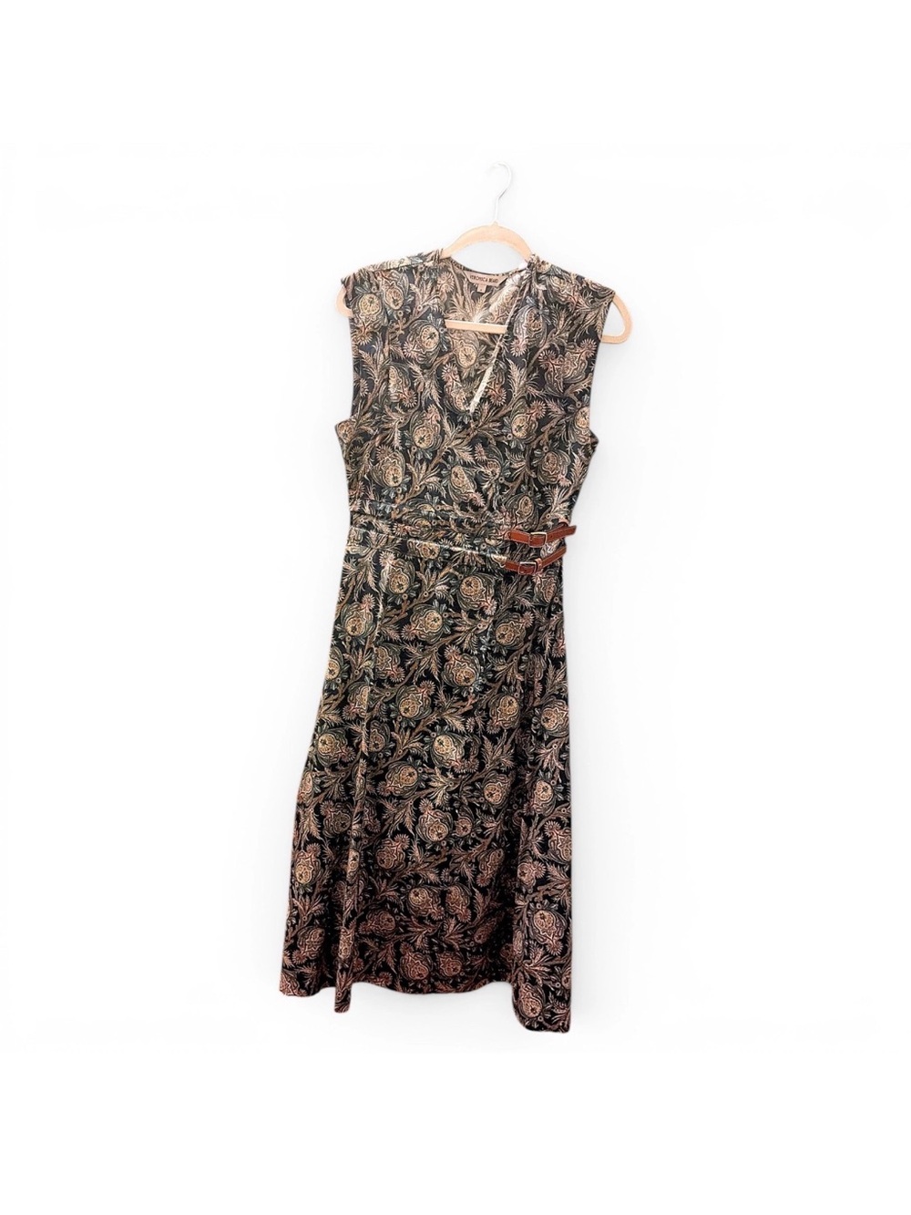 Veronica Beard Black and Brown Paisley Belted Wrap Dress